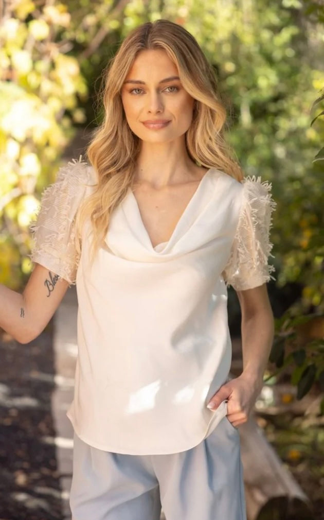 Voy Cowl Neck Fuzzy Sleeve Top