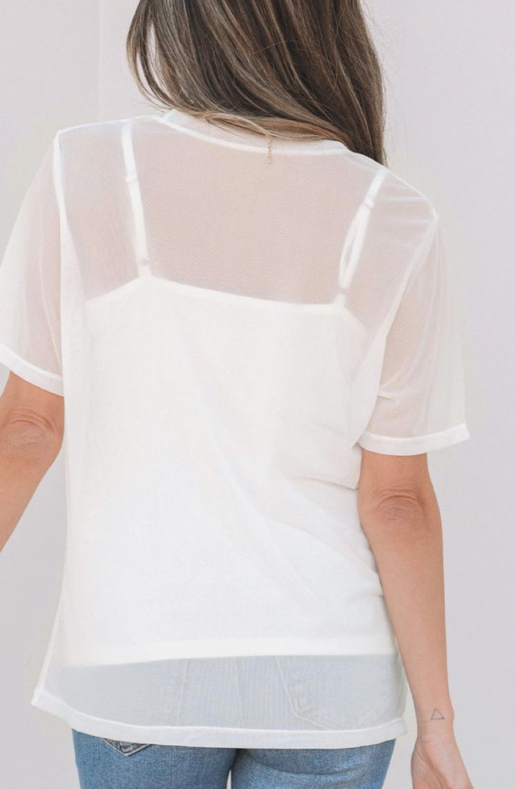 White Sheer Mesh Short Sleeve Top