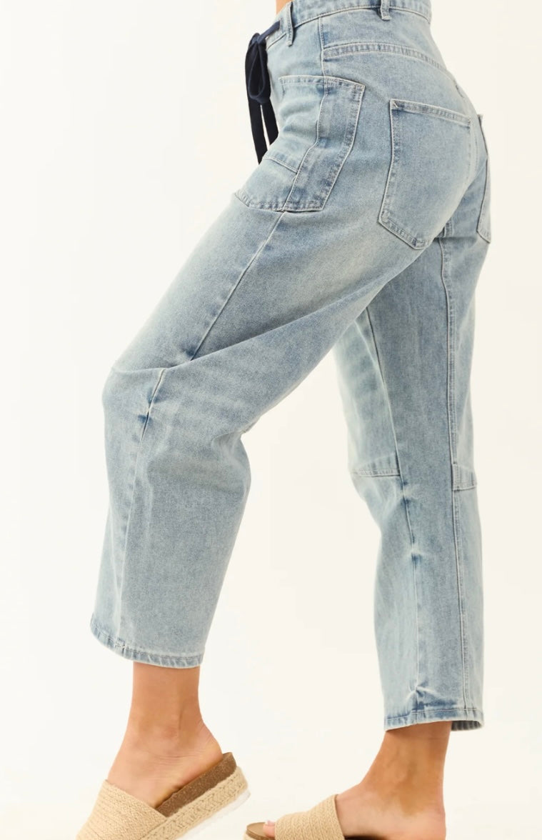 Medium Wash Drawstring Barrel Jeans