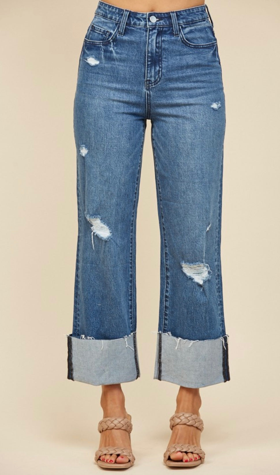 Straight Leg Boyfriend Fit Cuffed Jeans-DEnim