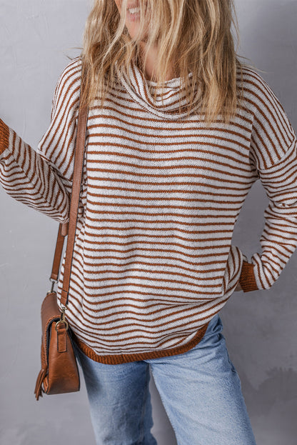 Brown Striped Turtleneck Loose Sweater