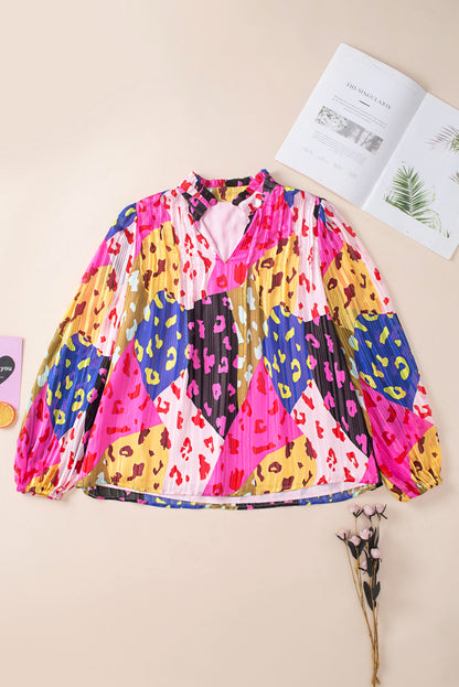 Sky Blue Leopard Patchwork Print Pleated Blouse