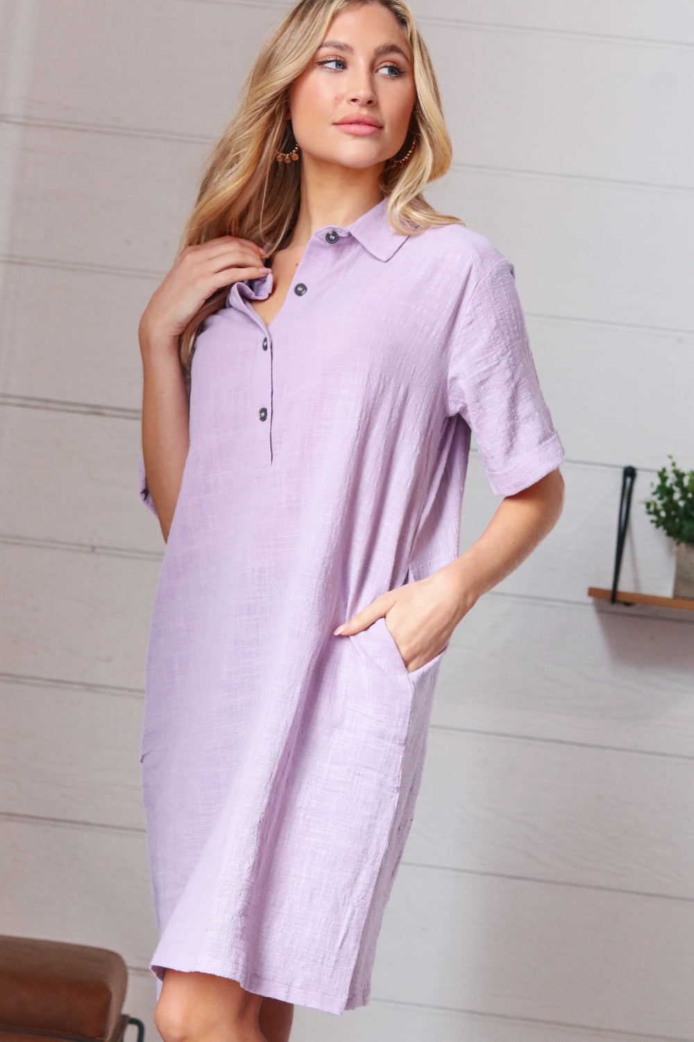 Dusty Lavender Cotton Placard Yoke Midi Dress