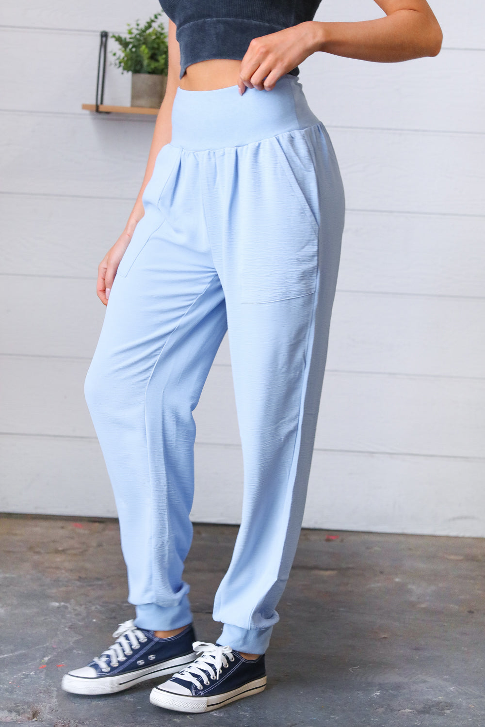 Spring Blue Woven Airflow Wide Waistband Jogger