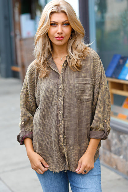 Mocha Washed Cotton Gauze Button Down Shirt