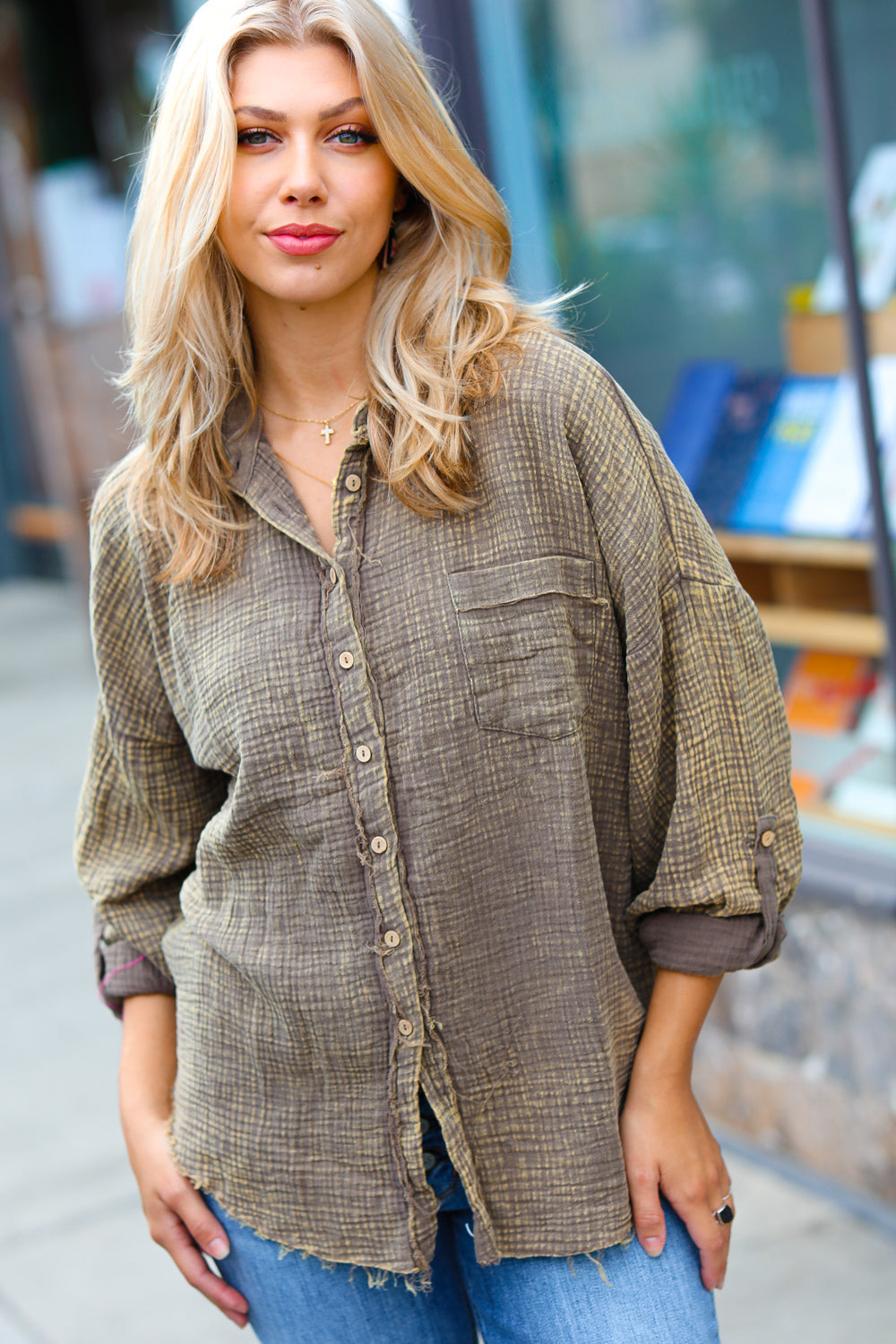 Mocha Washed Cotton Gauze Button Down Shirt