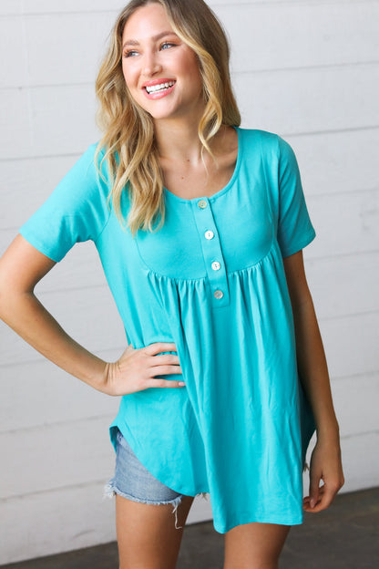 Sky Blue Dolphin Hem Shell Button Down Top