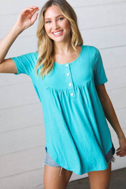 Sky Blue Dolphin Hem Shell Button Down Top