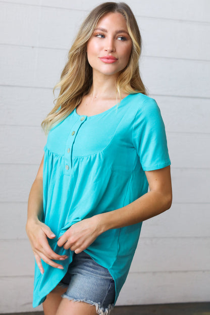 Sky Blue Dolphin Hem Shell Button Down Top