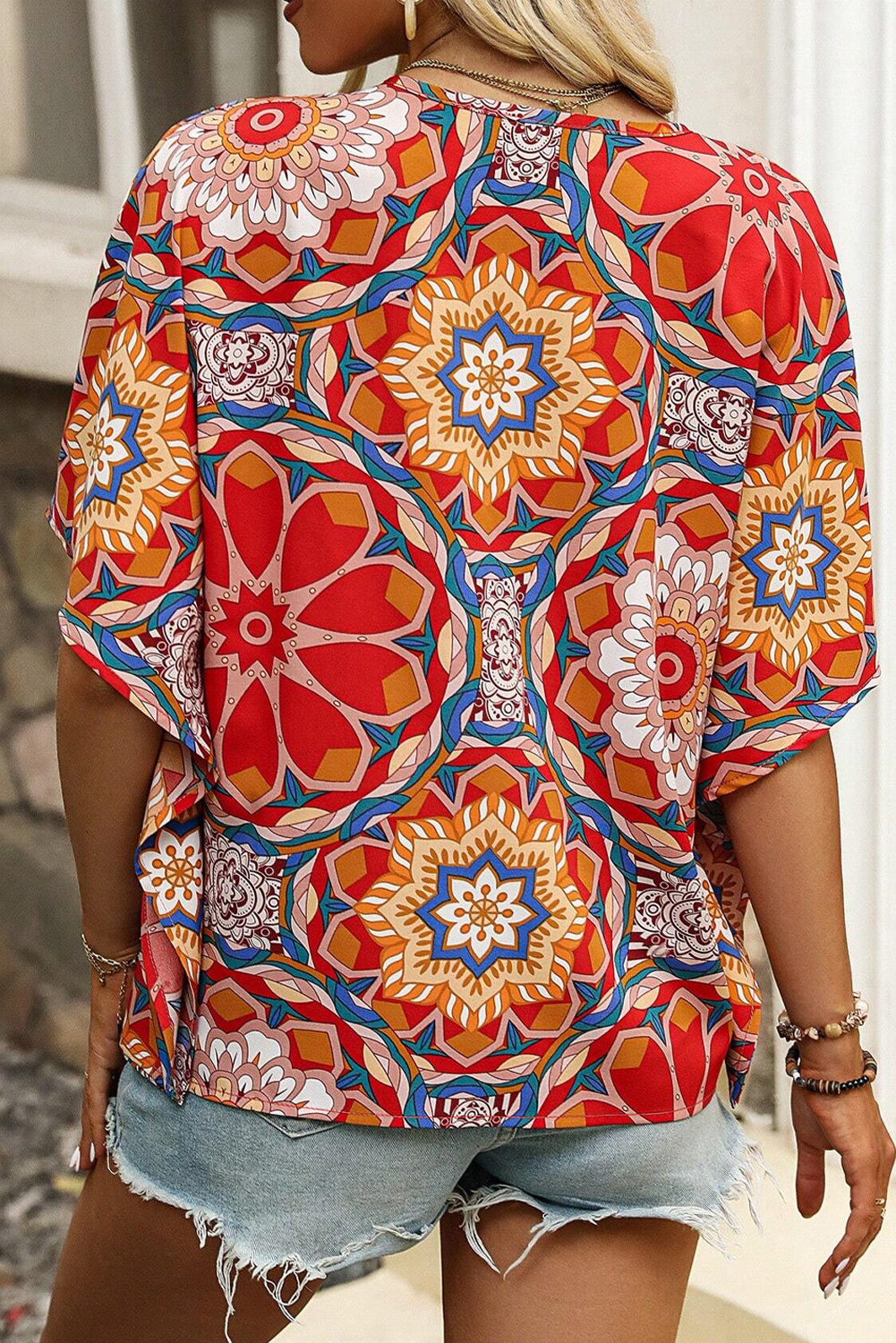 Red Floral Print Batwing Sleeve V Neck Blouse