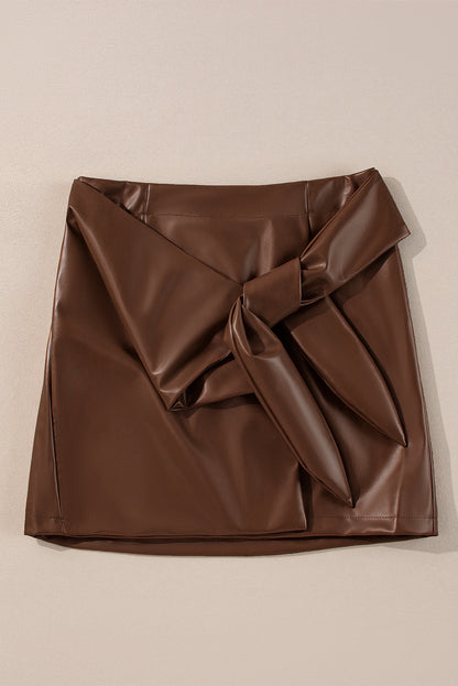 Coffee Bowknot Faux Leather Mini Skirt