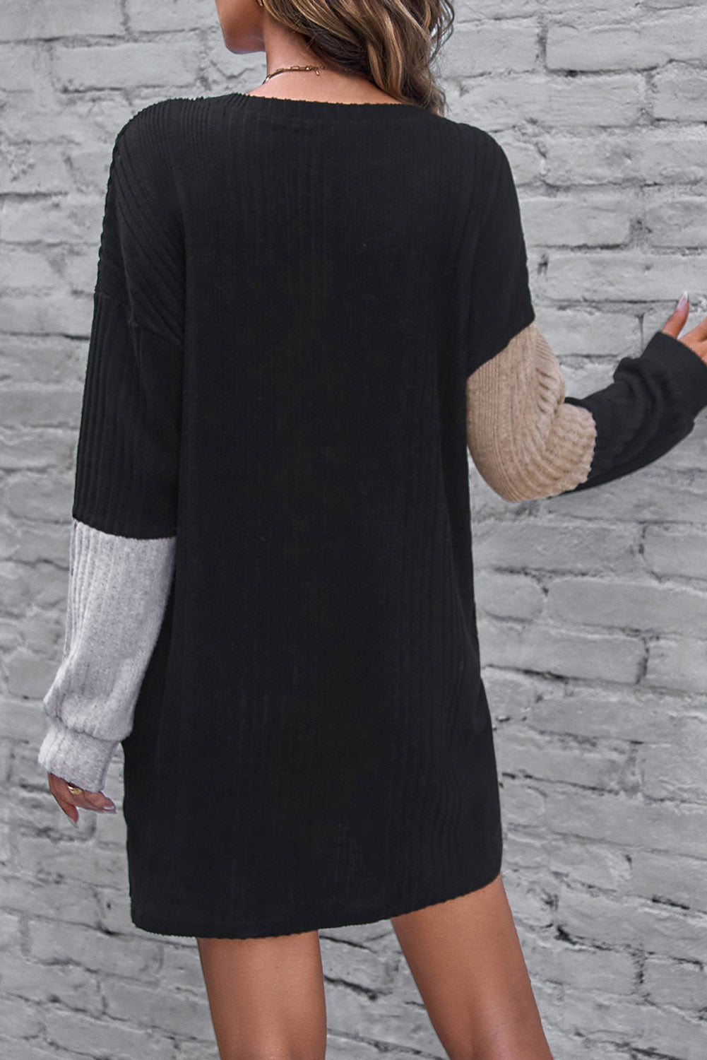 Chestnut Ribbed Color Block Drop Shoulder Long Sleeve Mini Dress