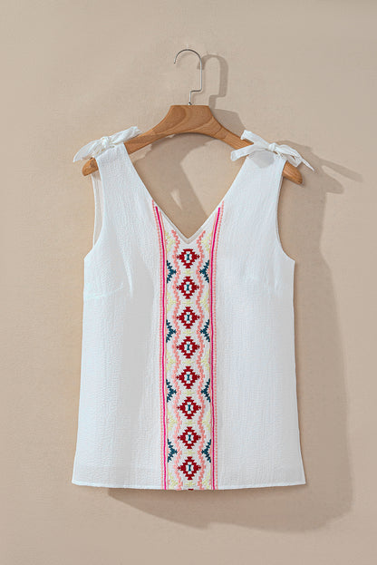 White Floral Embroidered Knot Straps Textured Tank Top