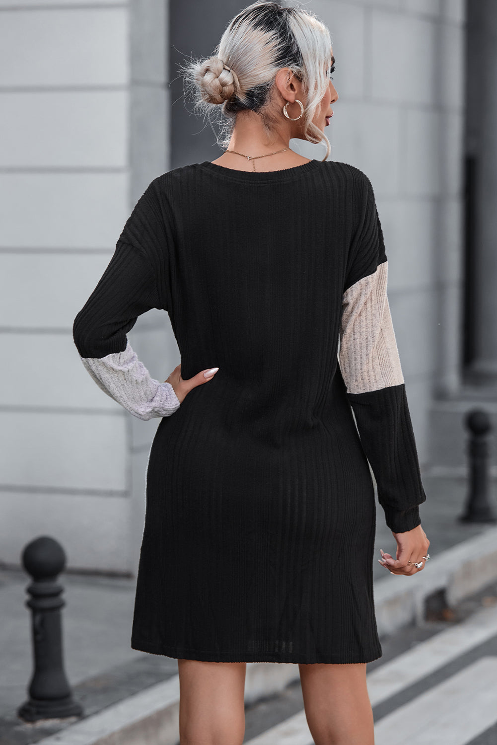 Chestnut Ribbed Color Block Drop Shoulder Long Sleeve Mini Dress