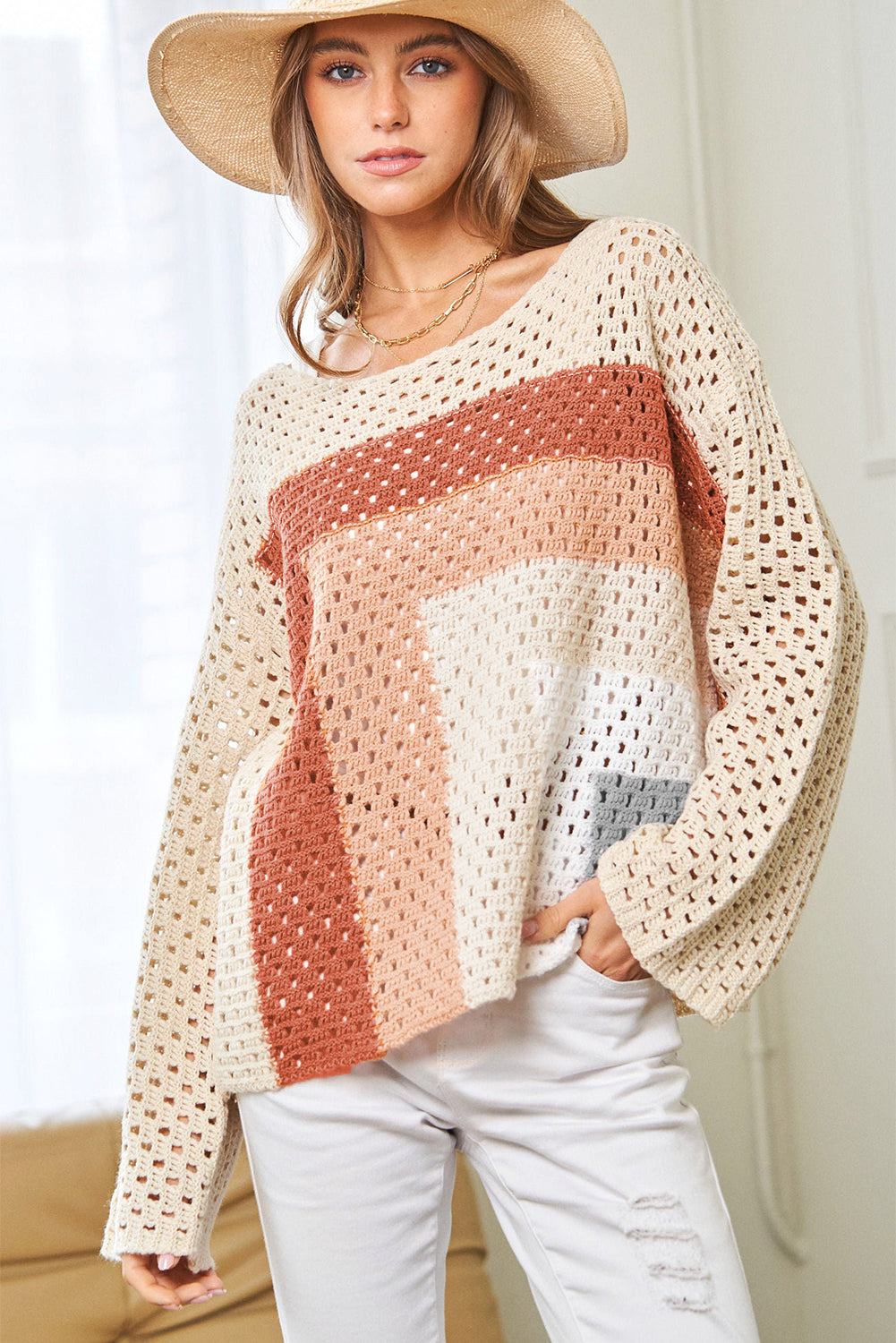 Apricot Pointelle Knit Colorblock Baggy Sweater