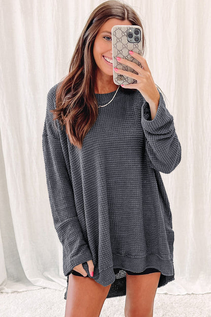 Khaki Waffle Knit High Slits Oversized Top