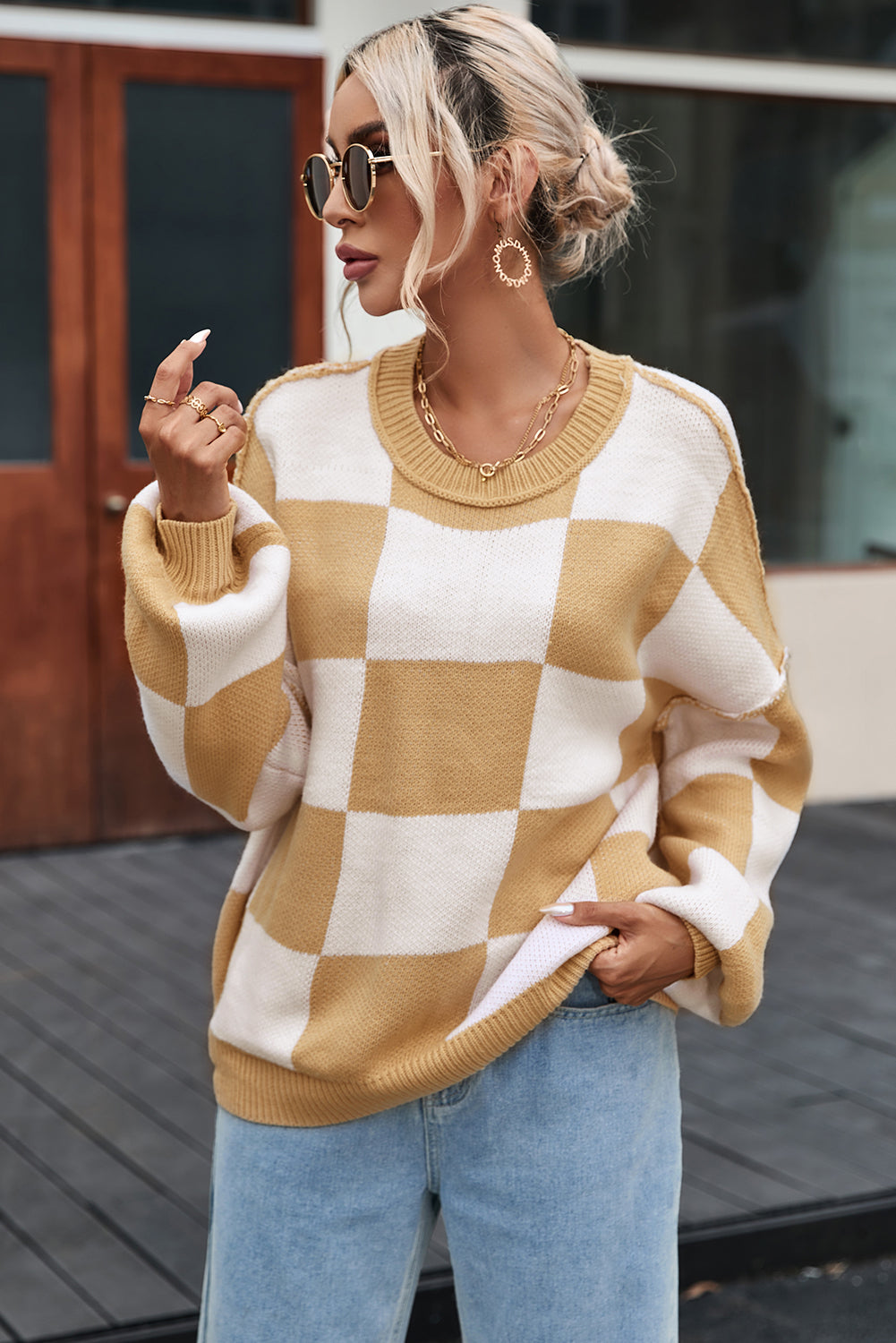 Pink Checkered Bishop Sleeve Sweater