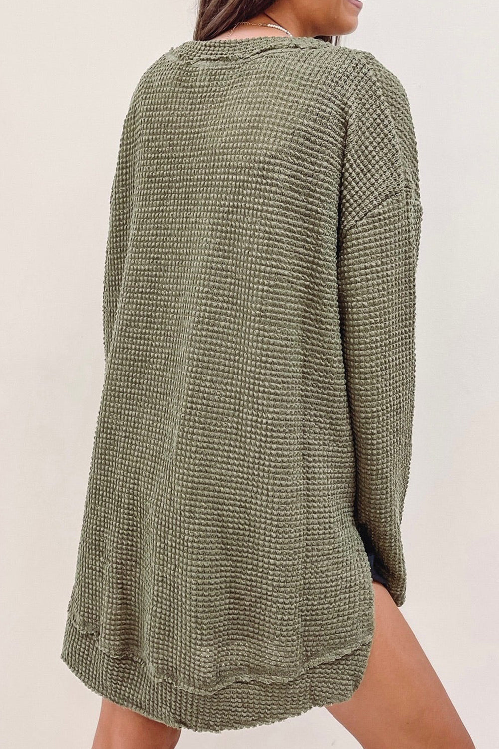 Khaki Waffle Knit High Slits Oversized Top