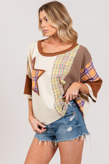 SAGE + FIG Round Neck Plaid Star Patch T-Shirt