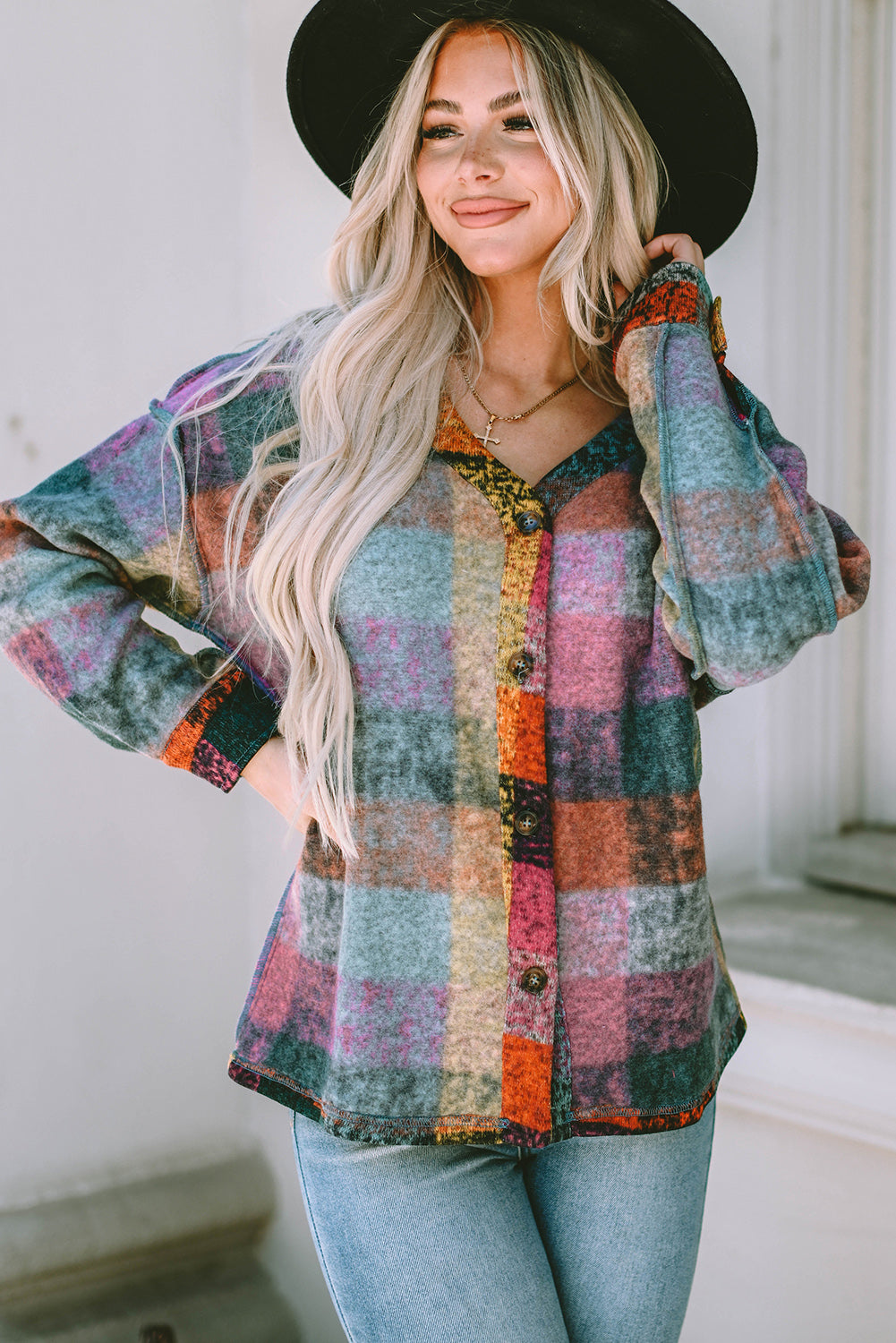 Multicolor Brushed Plaid Pocketed Oversize Shacket