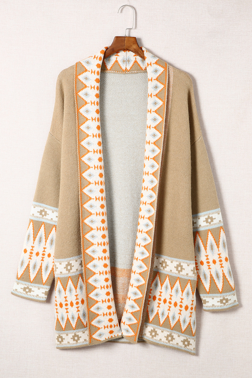 Brown Aztec Print Open Front Knitted Cardigan