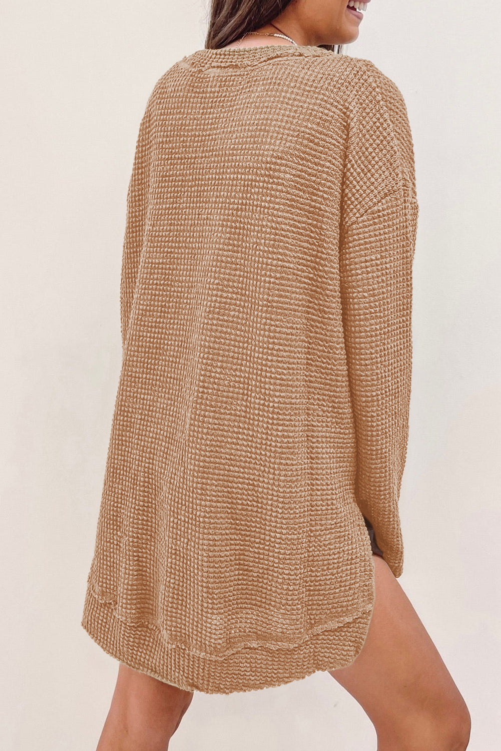 Khaki Waffle Knit High Slits Oversized Top