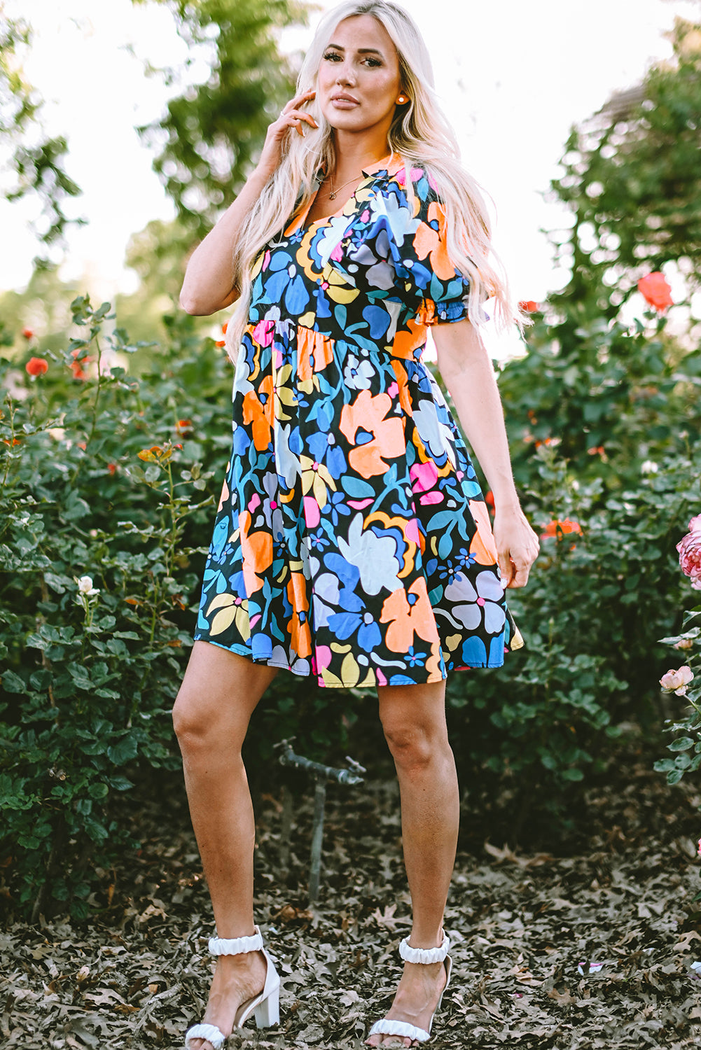 Blue Collared Split Neck Floral Flared Dress