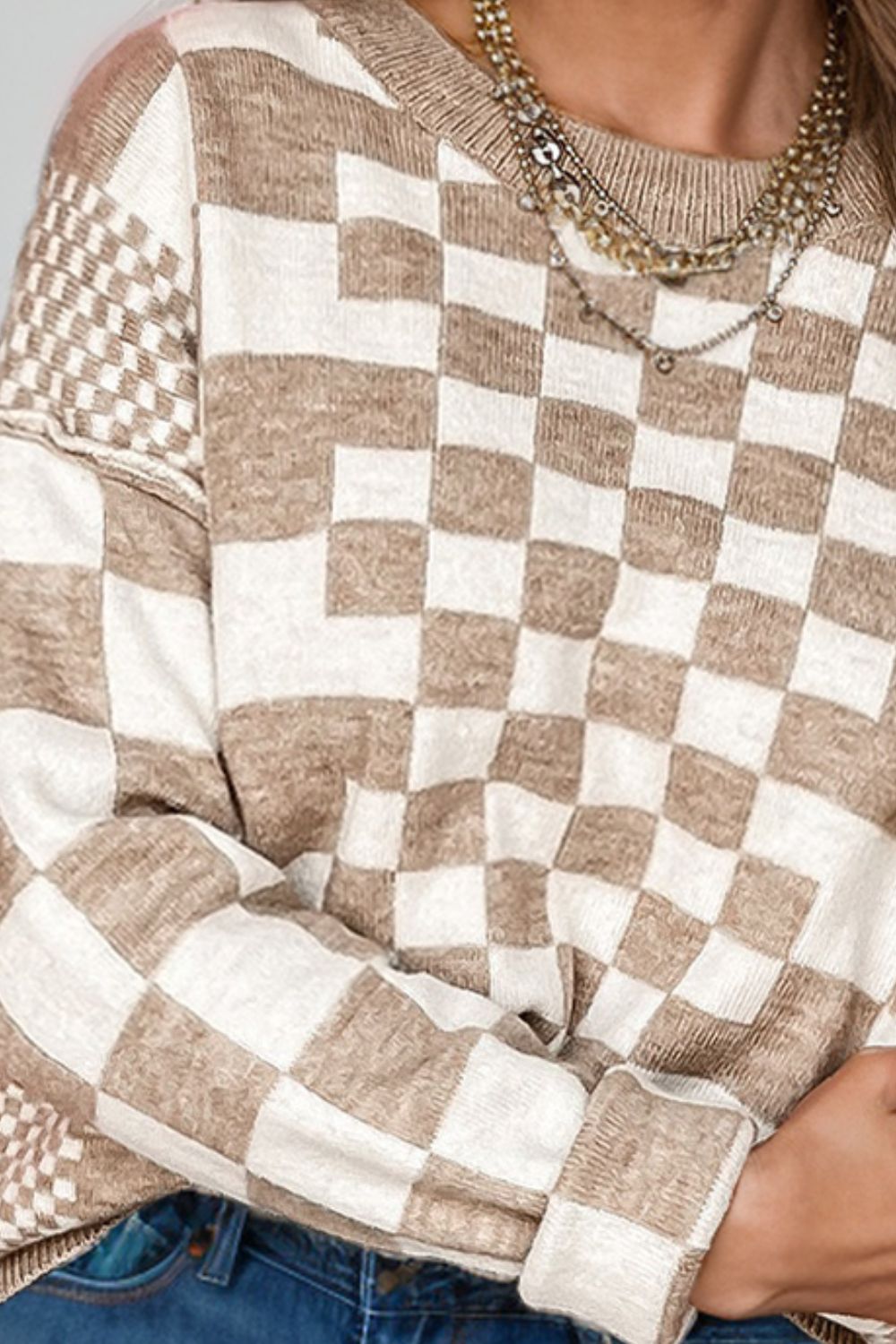 Checkered Round Neck Long Sleeve Sweater