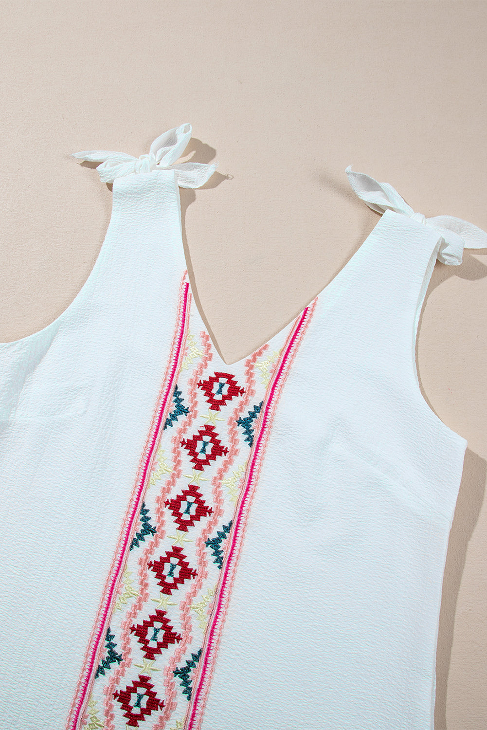 White Floral Embroidered Knot Straps Textured Tank Top