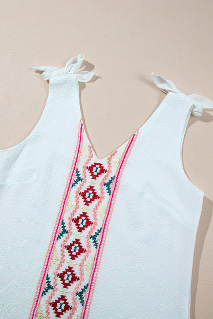 White Floral Embroidered Knot Straps Textured Tank Top