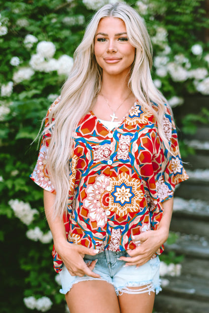 Red Floral Print Batwing Sleeve V Neck Blouse