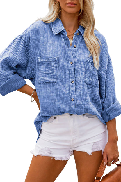 Black Mineral Wash Crinkle Textured Chest Pockets Shirt