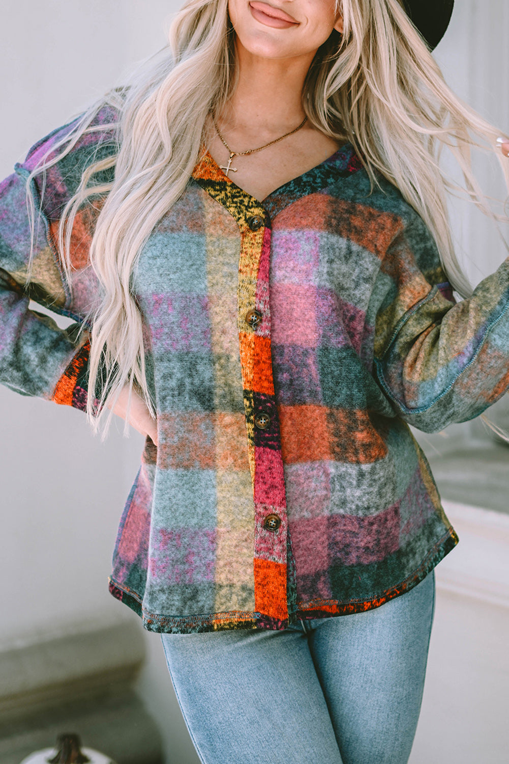 Multicolor Brushed Plaid Pocketed Oversize Shacket