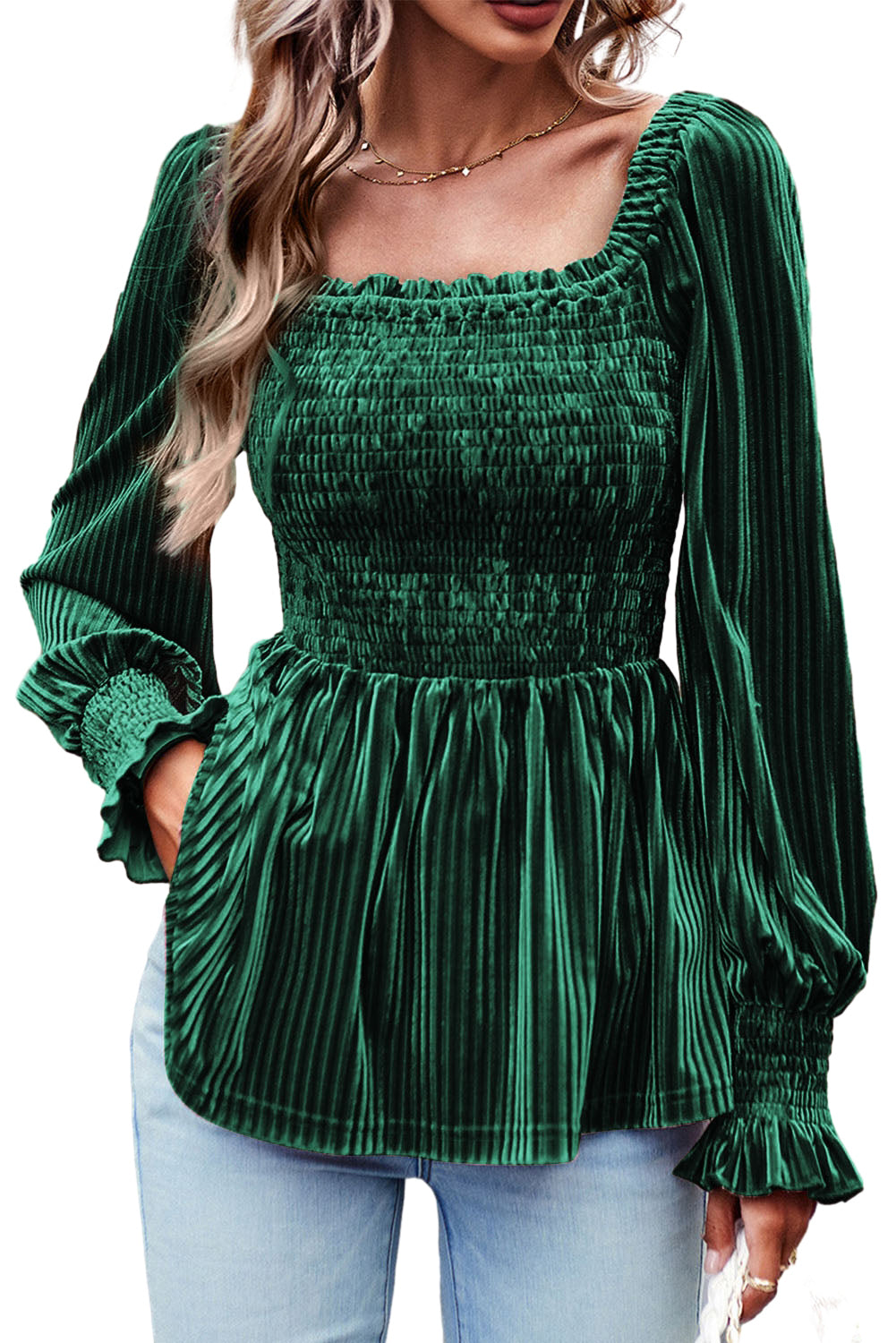 Green Tie Back Square Neck Velvet Babydoll Dress