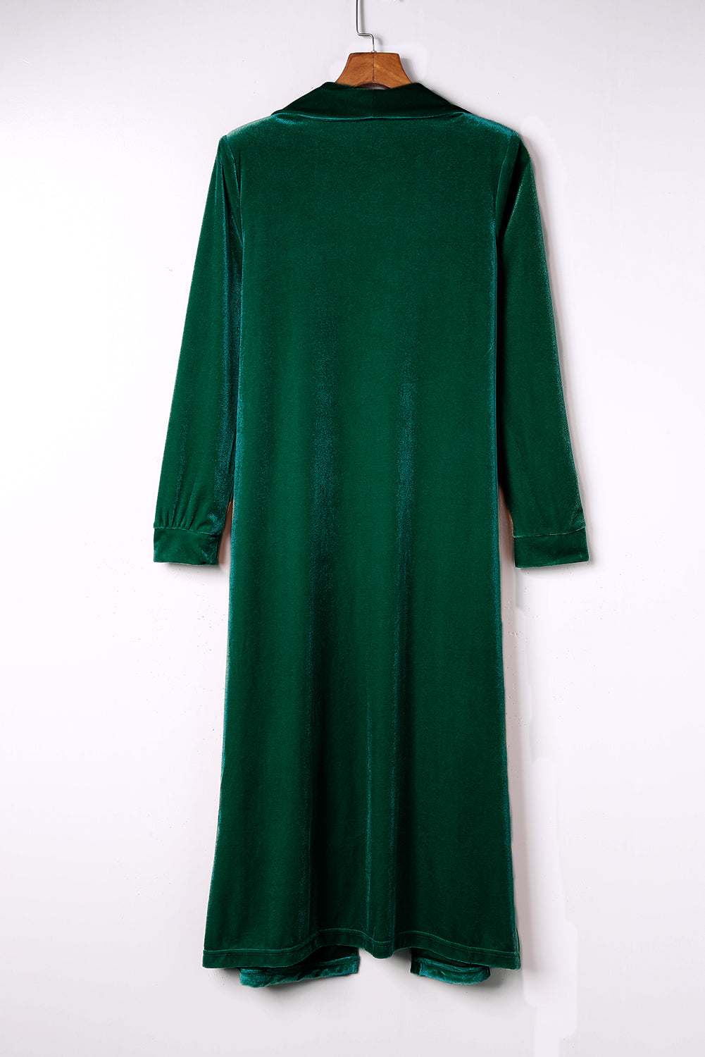 Green Velvet Open Front Pocketed Long Duster