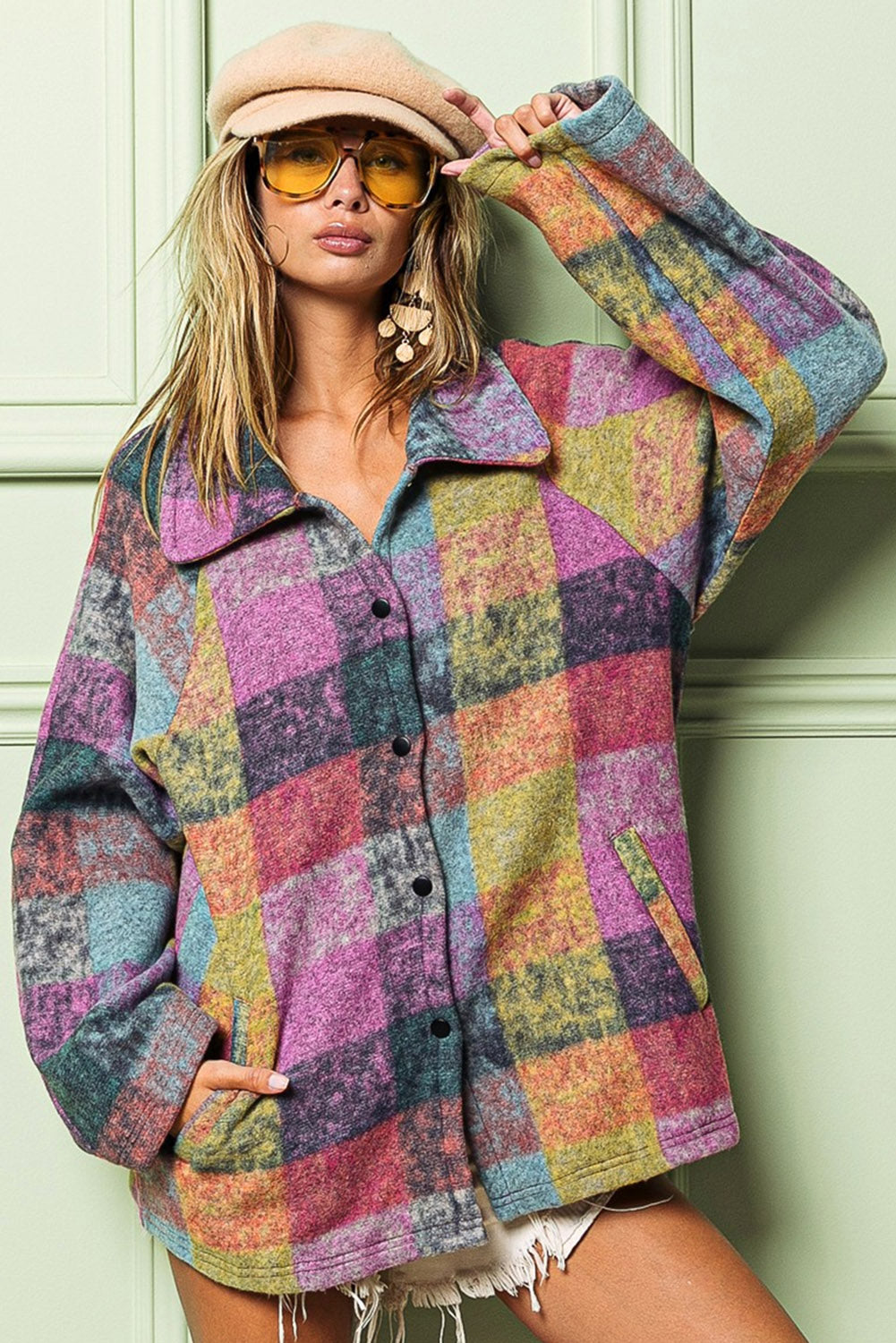 Multicolor Brushed Plaid Pocketed Oversize Shacket