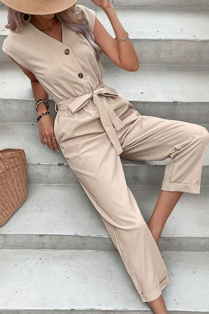 Perfee Capped Sleeve Belted V-Neck Jumpsuit