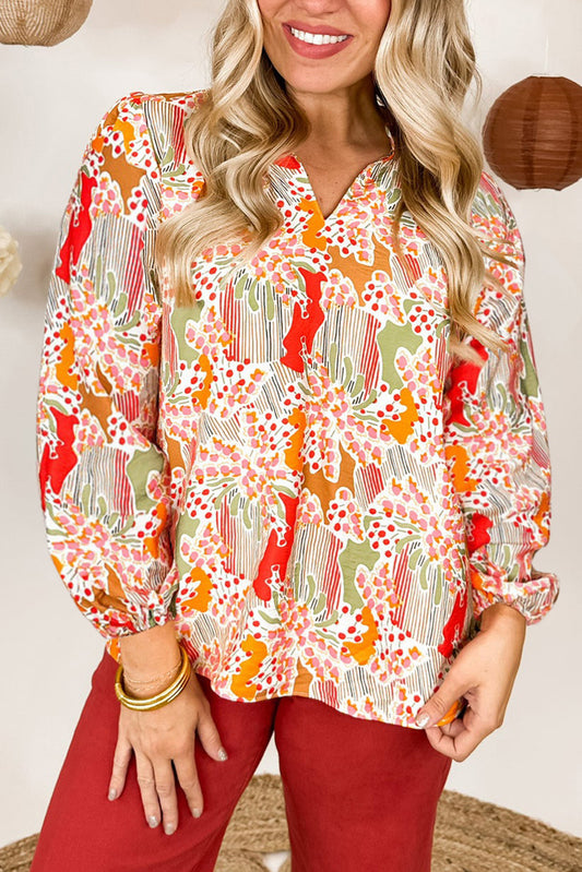 Multicolour Split Neck Puff Sleeve Flowy Printed Dress