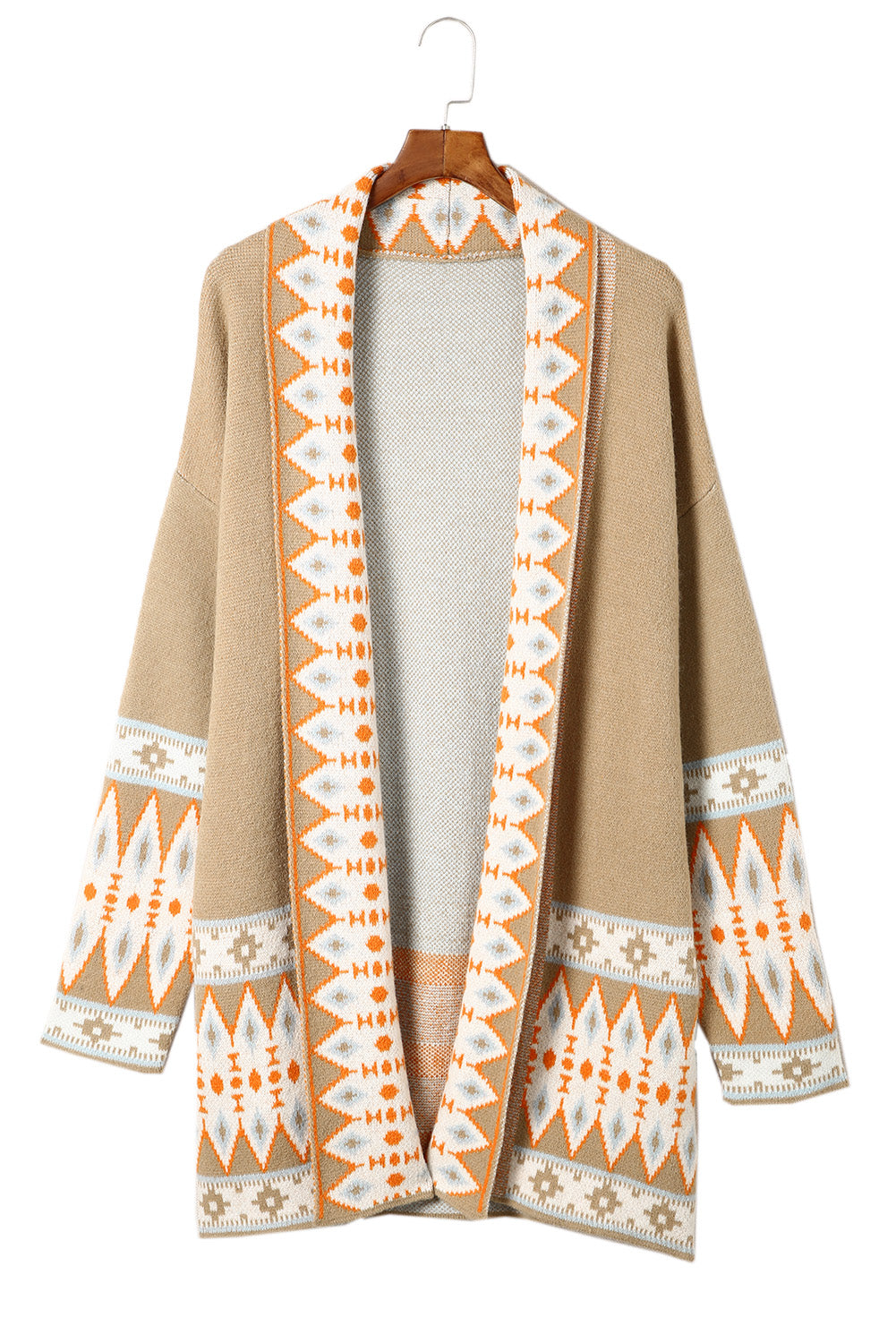 Brown Aztec Print Open Front Knitted Cardigan