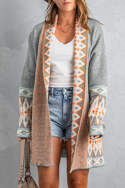 Brown Aztec Print Open Front Knitted Cardigan