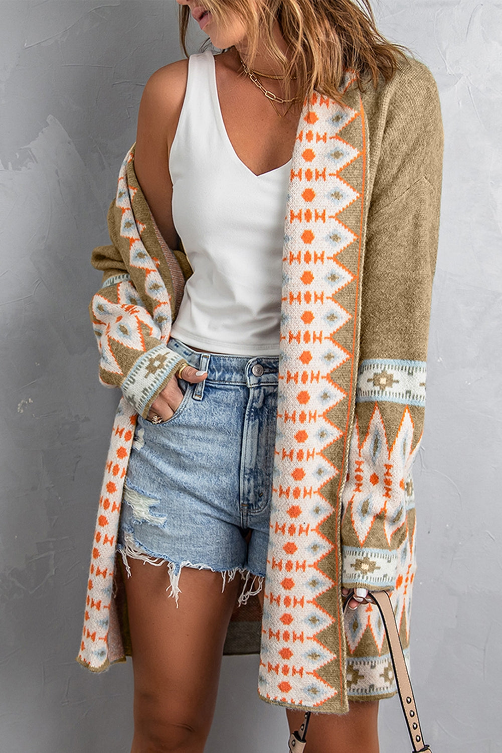 Brown Aztec Print Open Front Knitted Cardigan