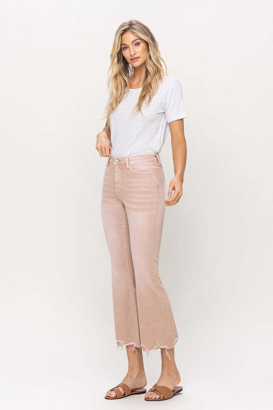 High Rise Distressed Hem Crop Flare Jeans