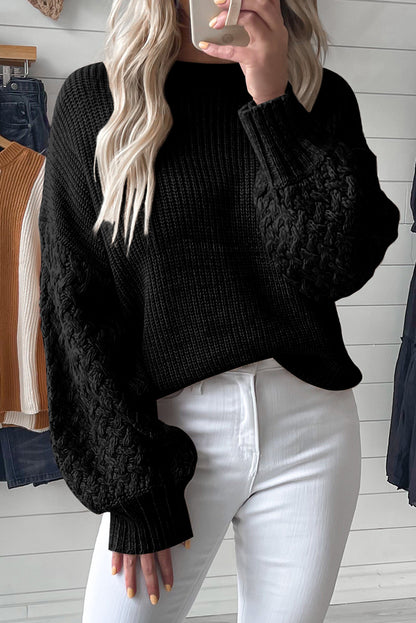 Light Grey Cable Knit Sleeve Drop Shoulder Sweater