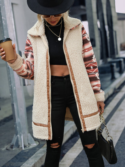 Geometric Zip-Up Collared Sherpa Jacket