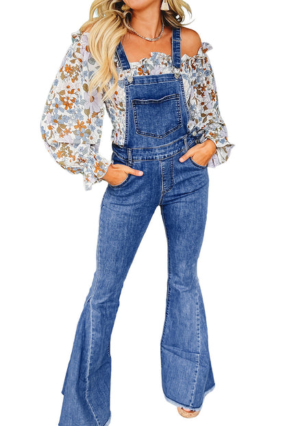 Dark Blue Adjustable Buckle Strap Flare Leg Denim Overalls