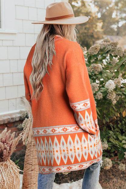 Brown Aztec Print Open Front Knitted Cardigan