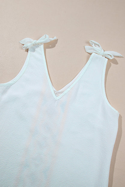 White Floral Embroidered Knot Straps Textured Tank Top