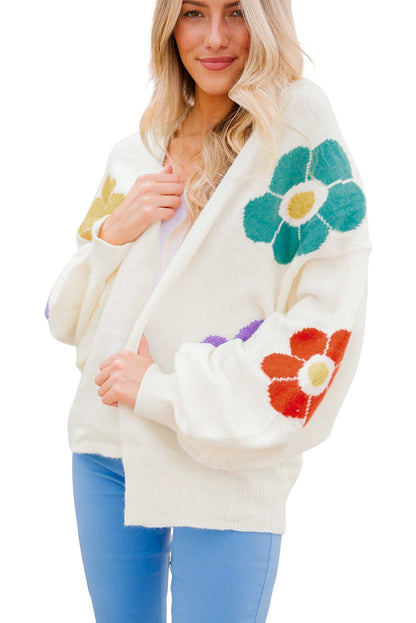 White Flower Jacquared Bubble Sleeve Open Cardigan