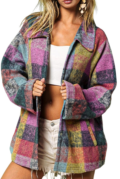 Multicolor Brushed Plaid Pocketed Oversize Shacket