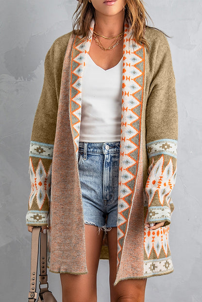 Brown Aztec Print Open Front Knitted Cardigan